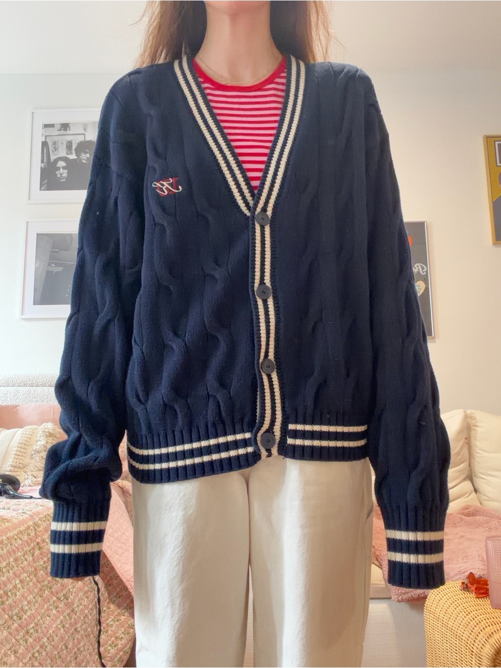 Kith x Wilson Navy Cable Knit Cardigan with Cream Trim